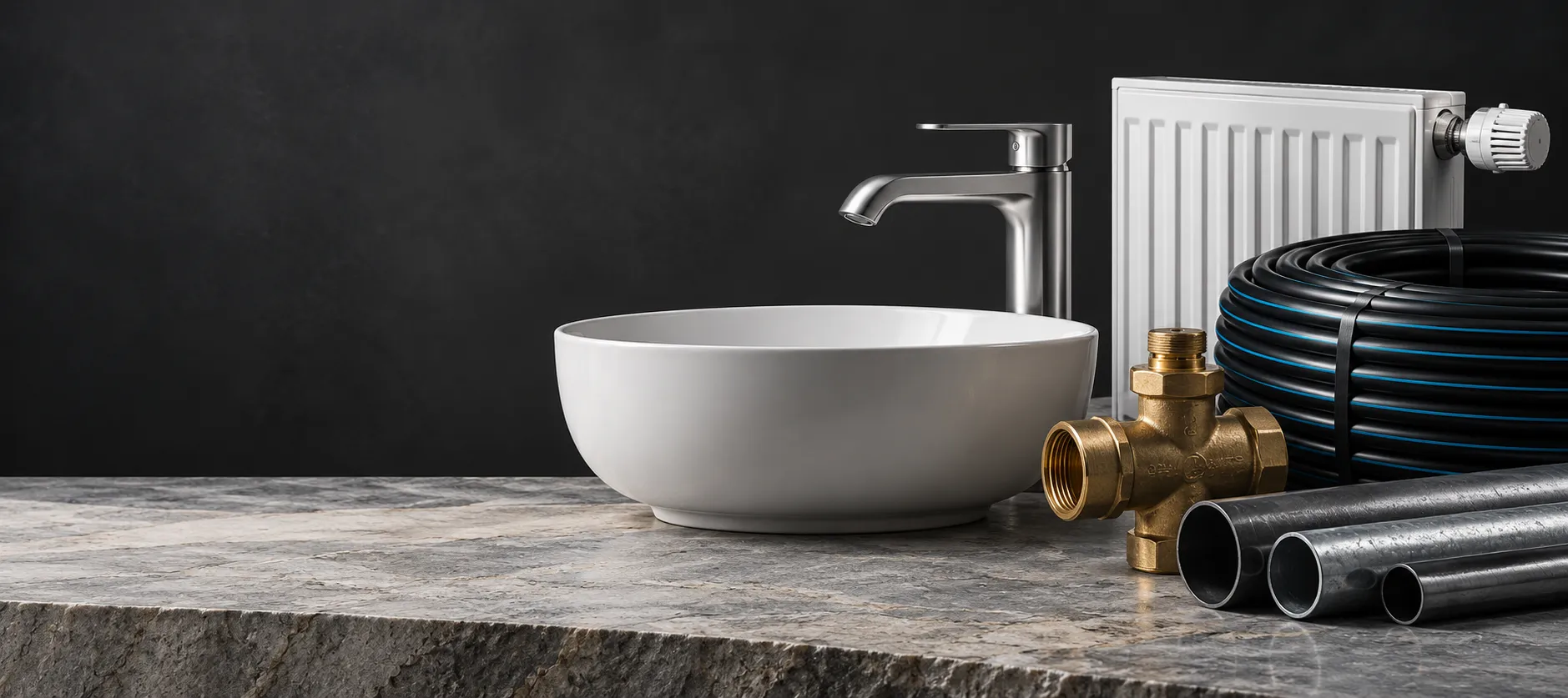 Lavabo, armatür, radyatör, vana ve farklı boru çeşitleri